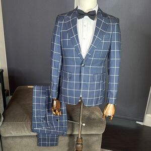 Men’s Blue Check Plaid 3 Piece Suit One Button Peak Lapel 30 Jacket 29 Pants NEW